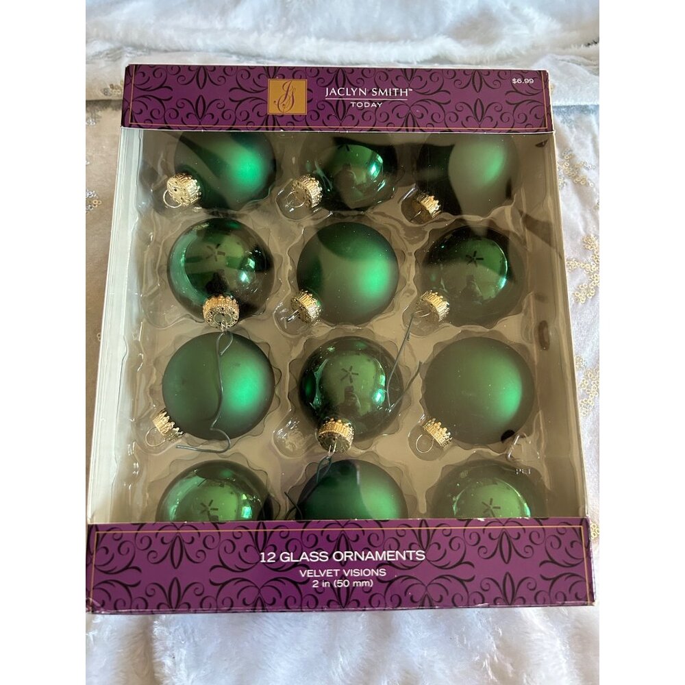 Christmas Jaclyn Smith Today 12 Green Glass Ornaments Velvet Visions 2 In